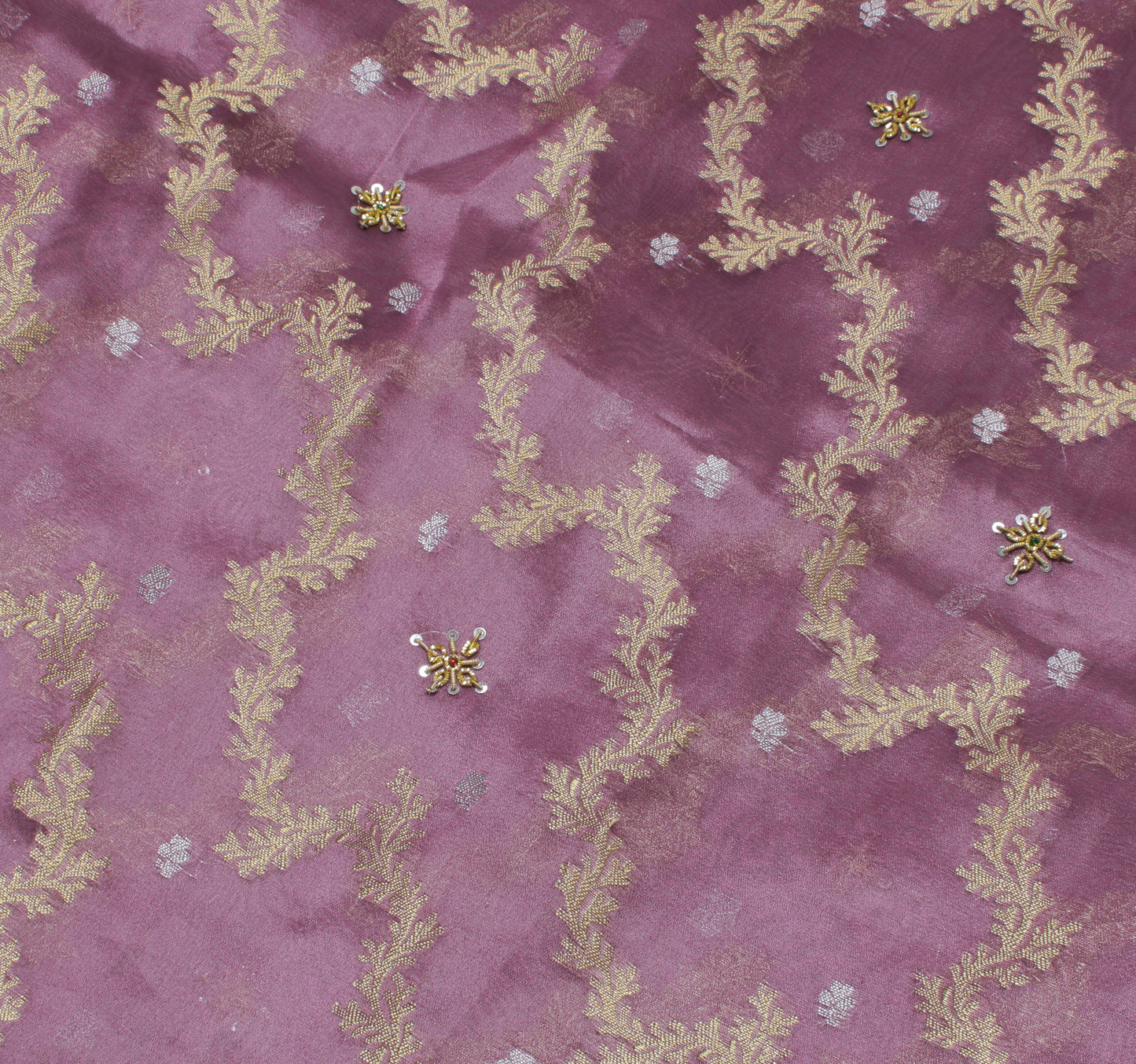 Sushila Vintage Mauve Saree Blend Silk Hand Beaded & Woven Floral Sari Fabric