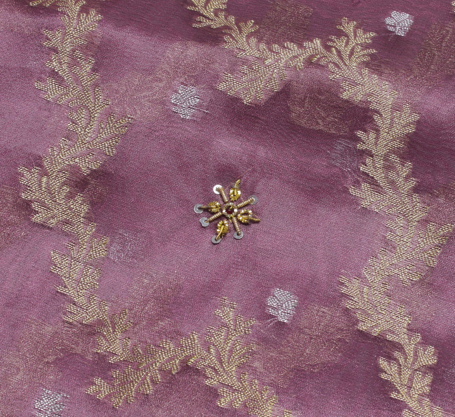 Sushila Vintage Mauve Saree Blend Silk Hand Beaded & Woven Floral Sari Fabric