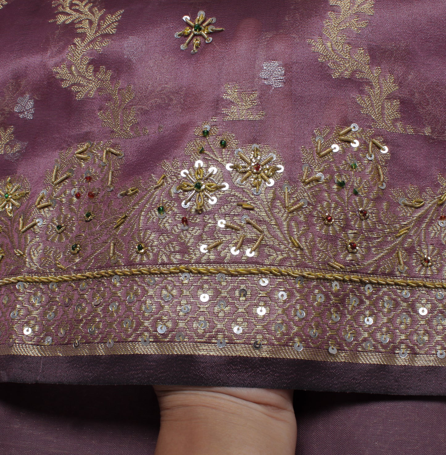 Sushila Vintage Mauve Saree Blend Silk Hand Beaded & Woven Floral Sari Fabric