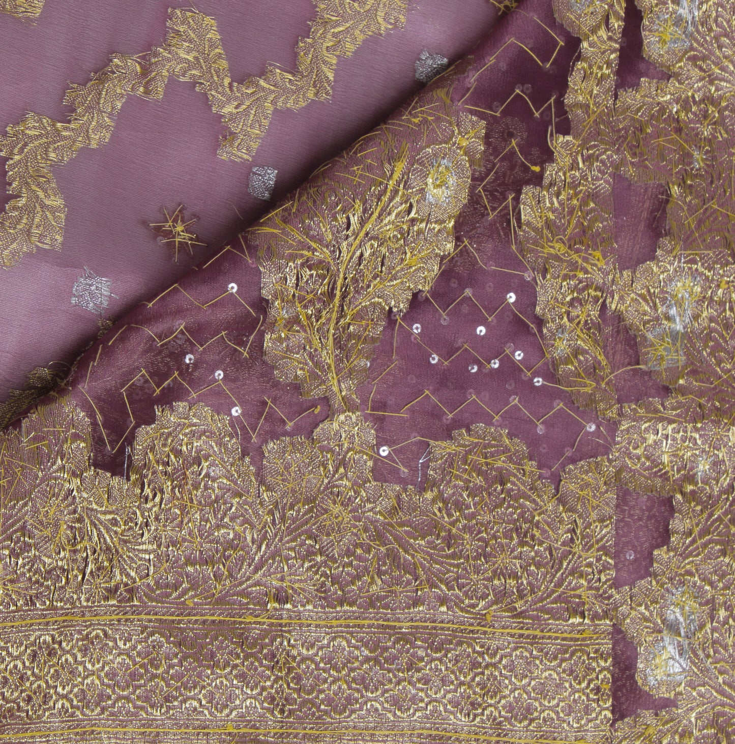 Sushila Vintage Mauve Saree Blend Silk Hand Beaded & Woven Floral Sari Fabric
