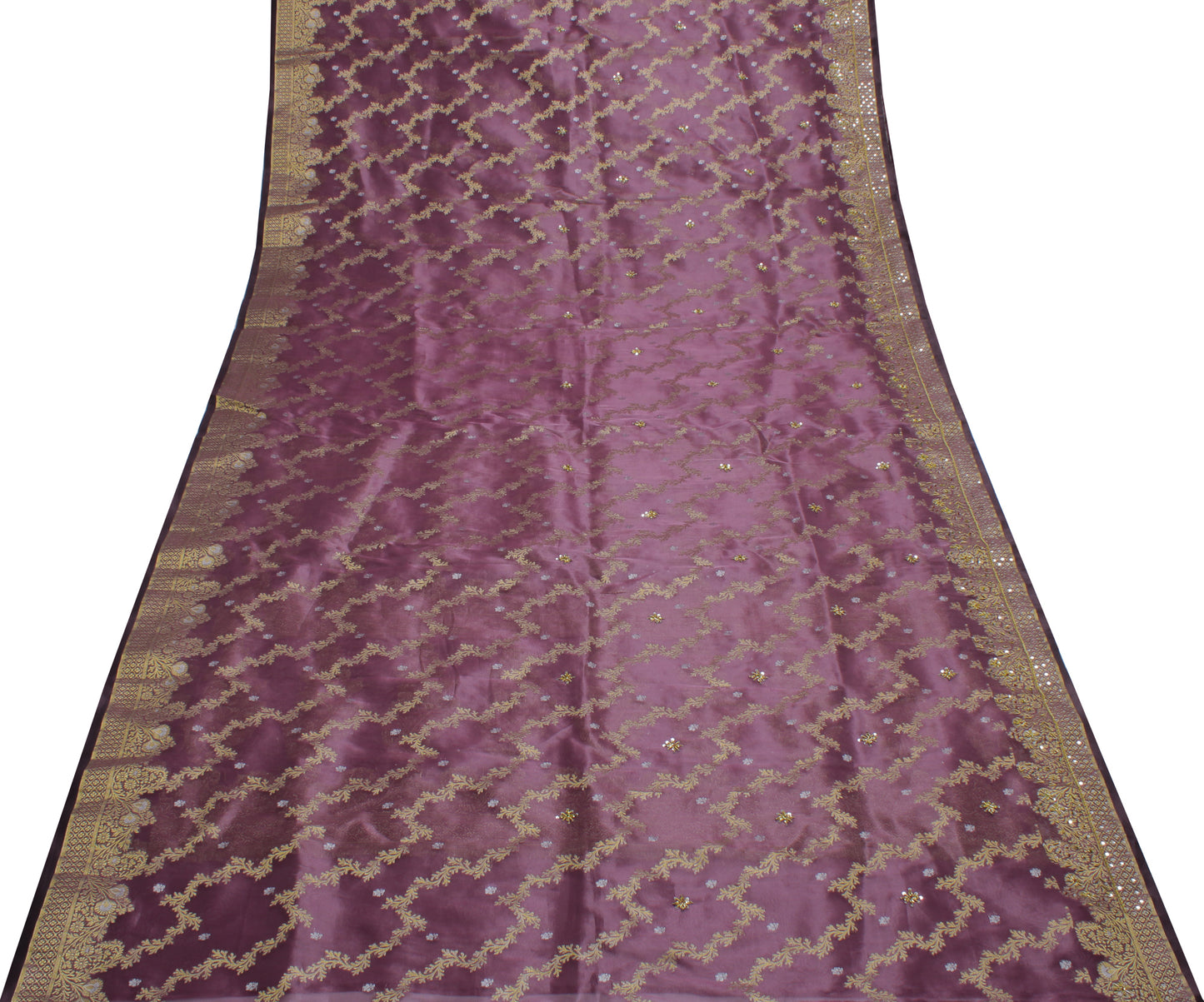 Sushila Vintage Mauve Saree Blend Silk Hand Beaded & Woven Floral Sari Fabric