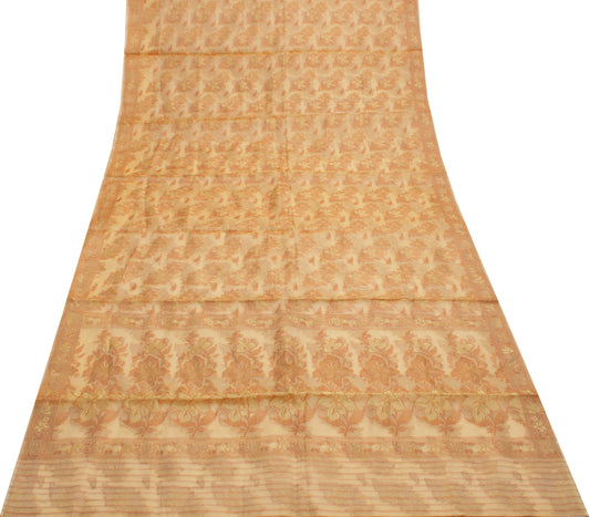Sushila Vintage Beige Saree Pure Silk All Over Woven Floral Sari Craft Fabric