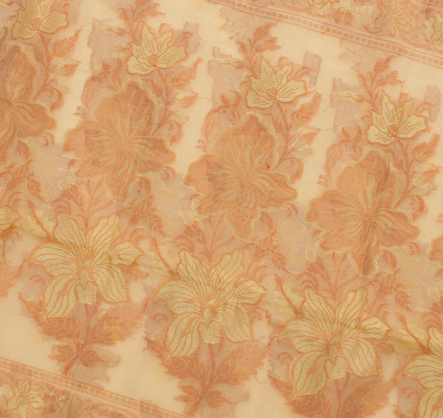 Sushila Vintage Beige Saree Pure Silk All Over Woven Floral Sari Craft Fabric