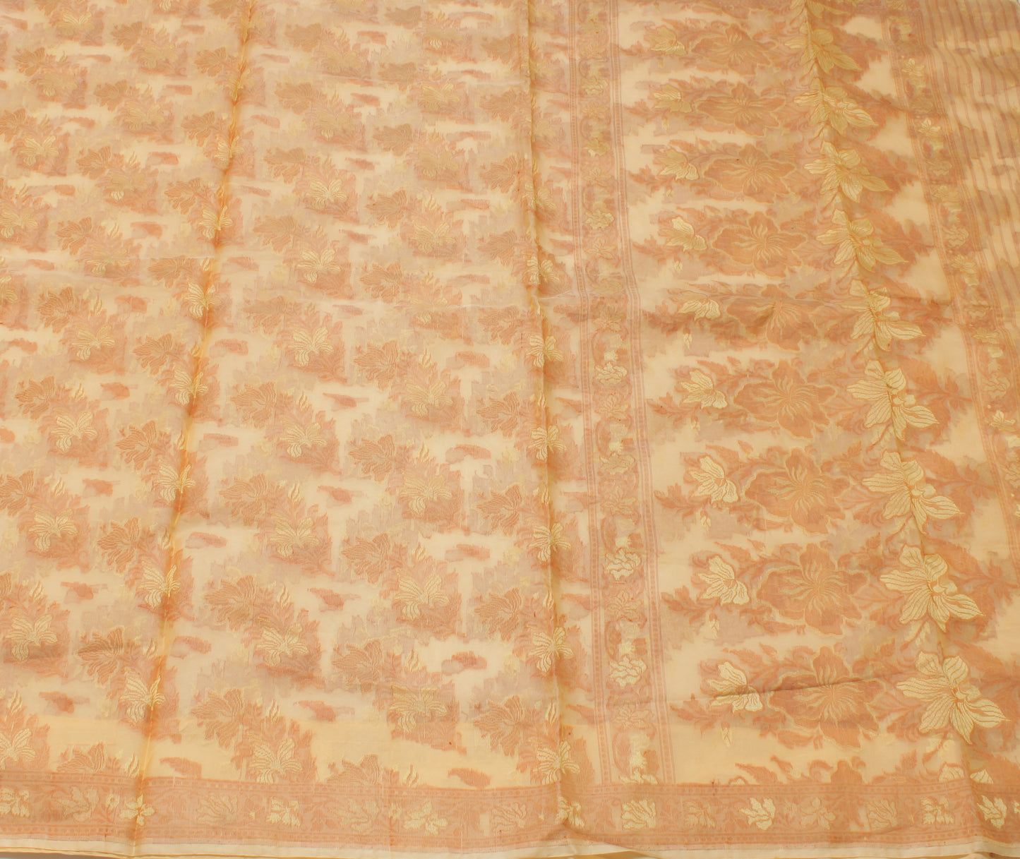 Sushila Vintage Beige Saree Pure Silk All Over Woven Floral Sari Craft Fabric