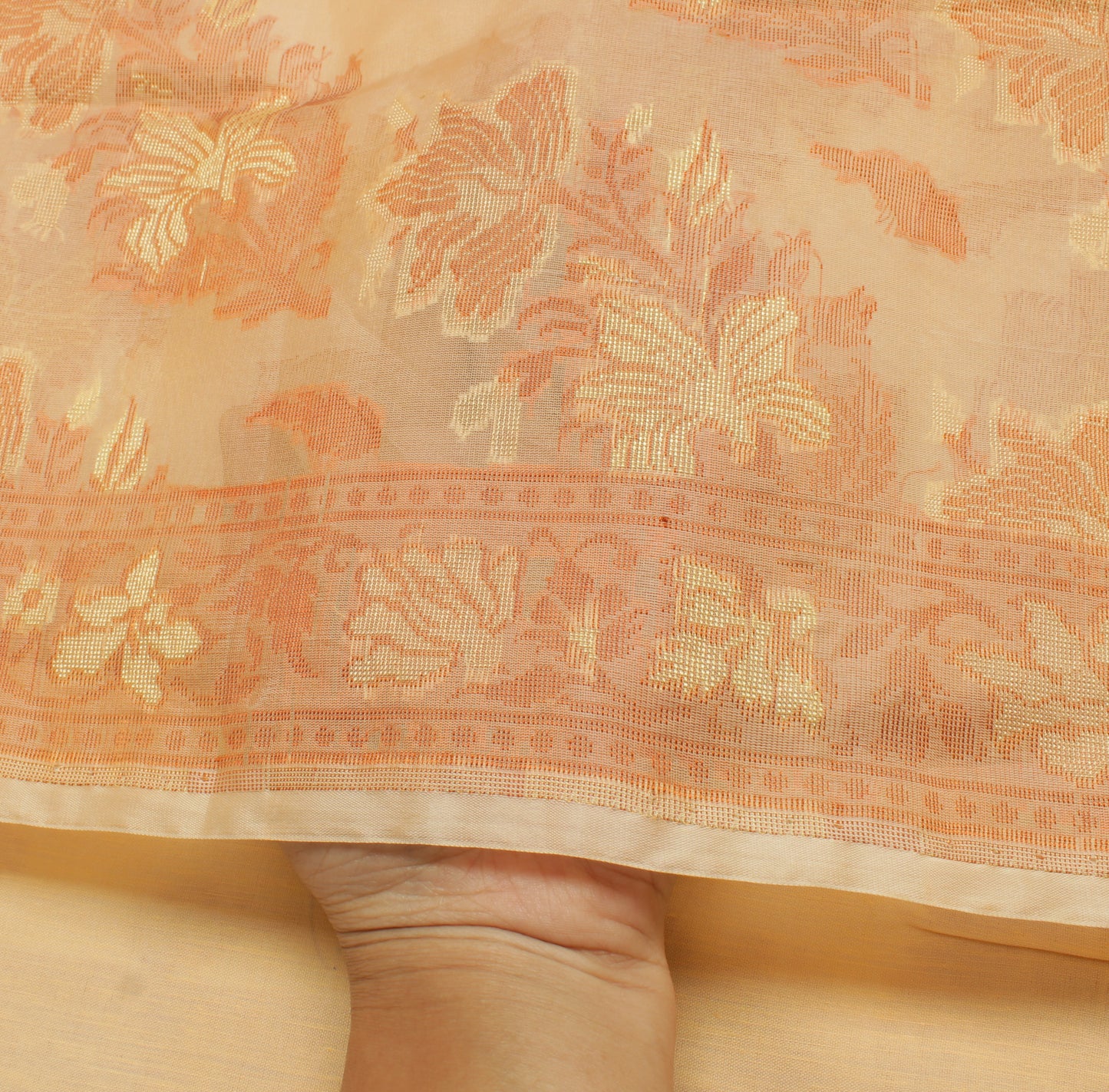 Sushila Vintage Beige Saree Pure Silk All Over Woven Floral Sari Craft Fabric