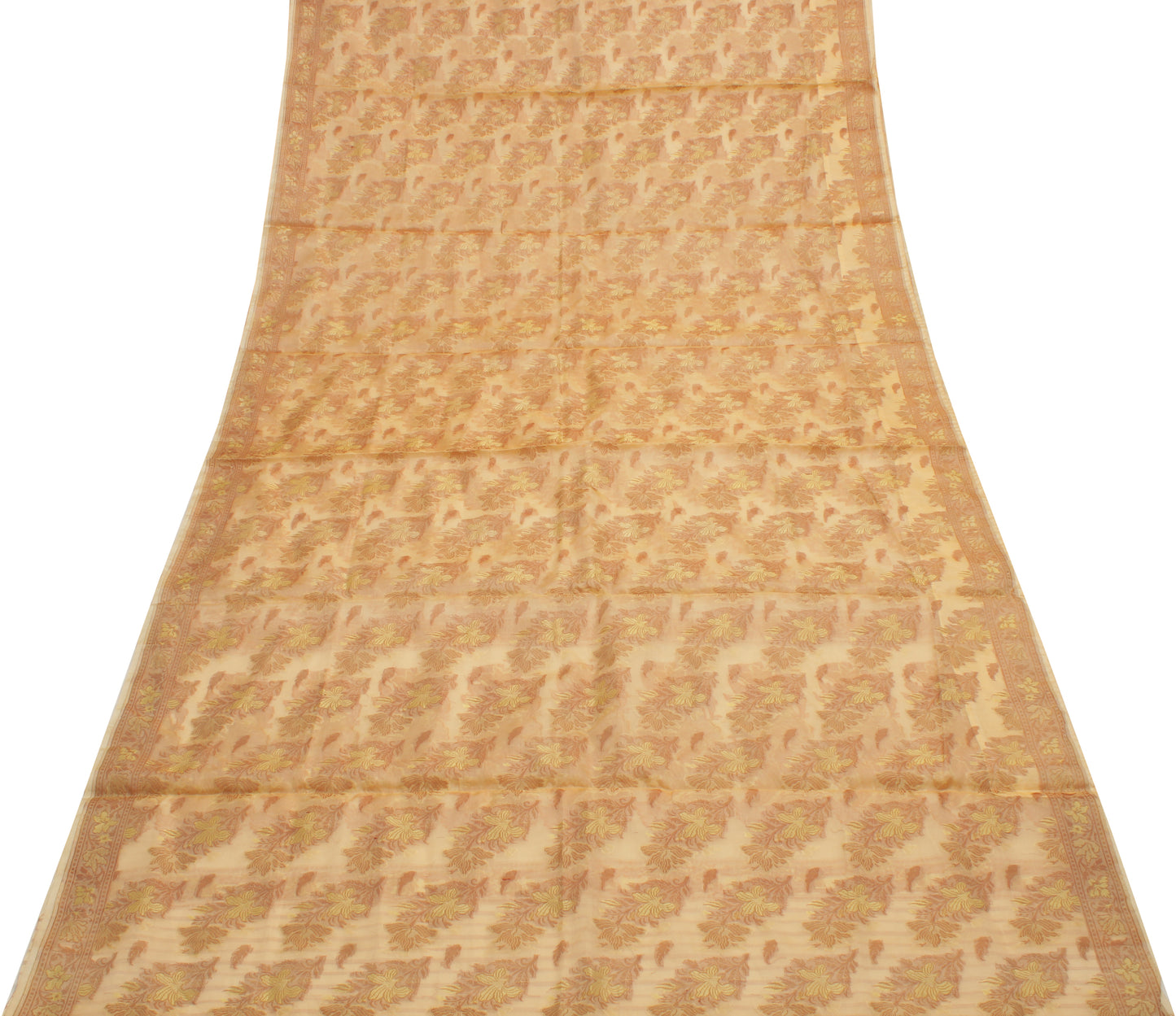 Sushila Vintage Beige Saree Pure Silk All Over Woven Floral Sari Craft Fabric
