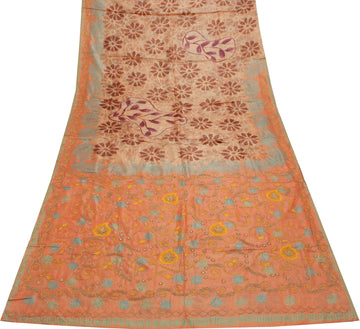 Sushila Vintage Peach Saree Pure Silk Hand Beaded & Printed Floral Sari Fabric