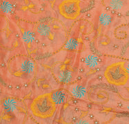 Sushila Vintage Peach Saree Pure Silk Hand Beaded & Printed Floral Sari Fabric
