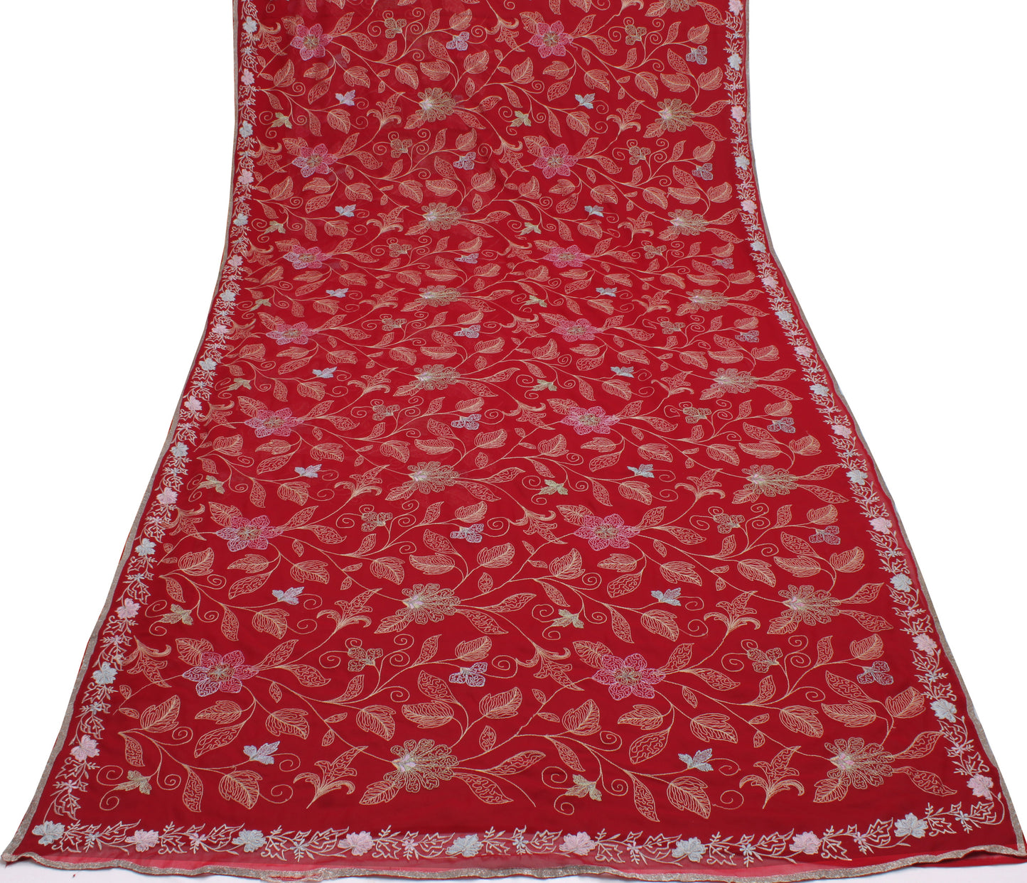 Sushila Vintage Red Saree Blend Georgette Silk Embroidered Floral Sari Fabric