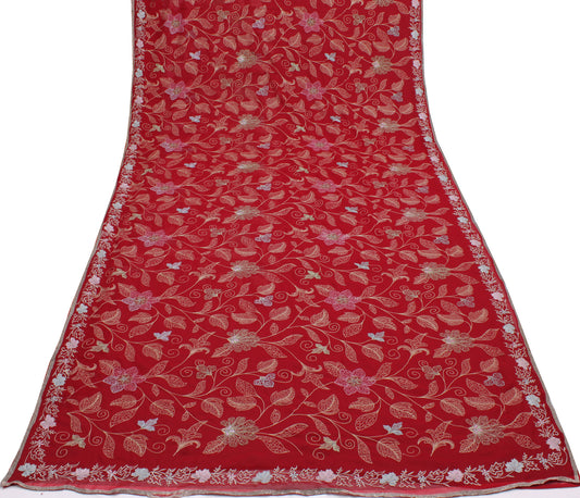 Sushila Vintage Red Saree Blend Georgette Silk Embroidered Floral Sari Fabric
