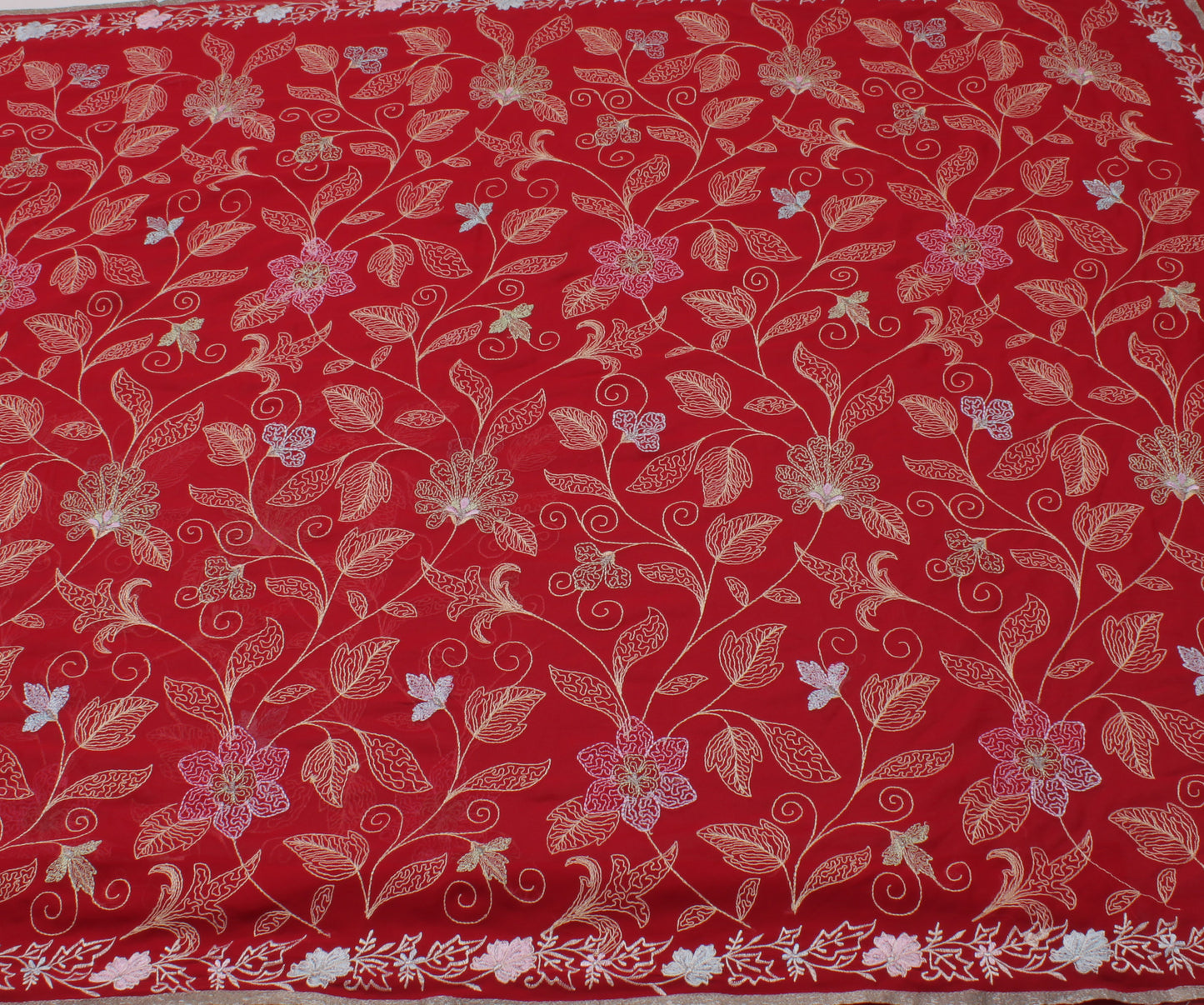 Sushila Vintage Red Saree Blend Georgette Silk Embroidered Floral Sari Fabric