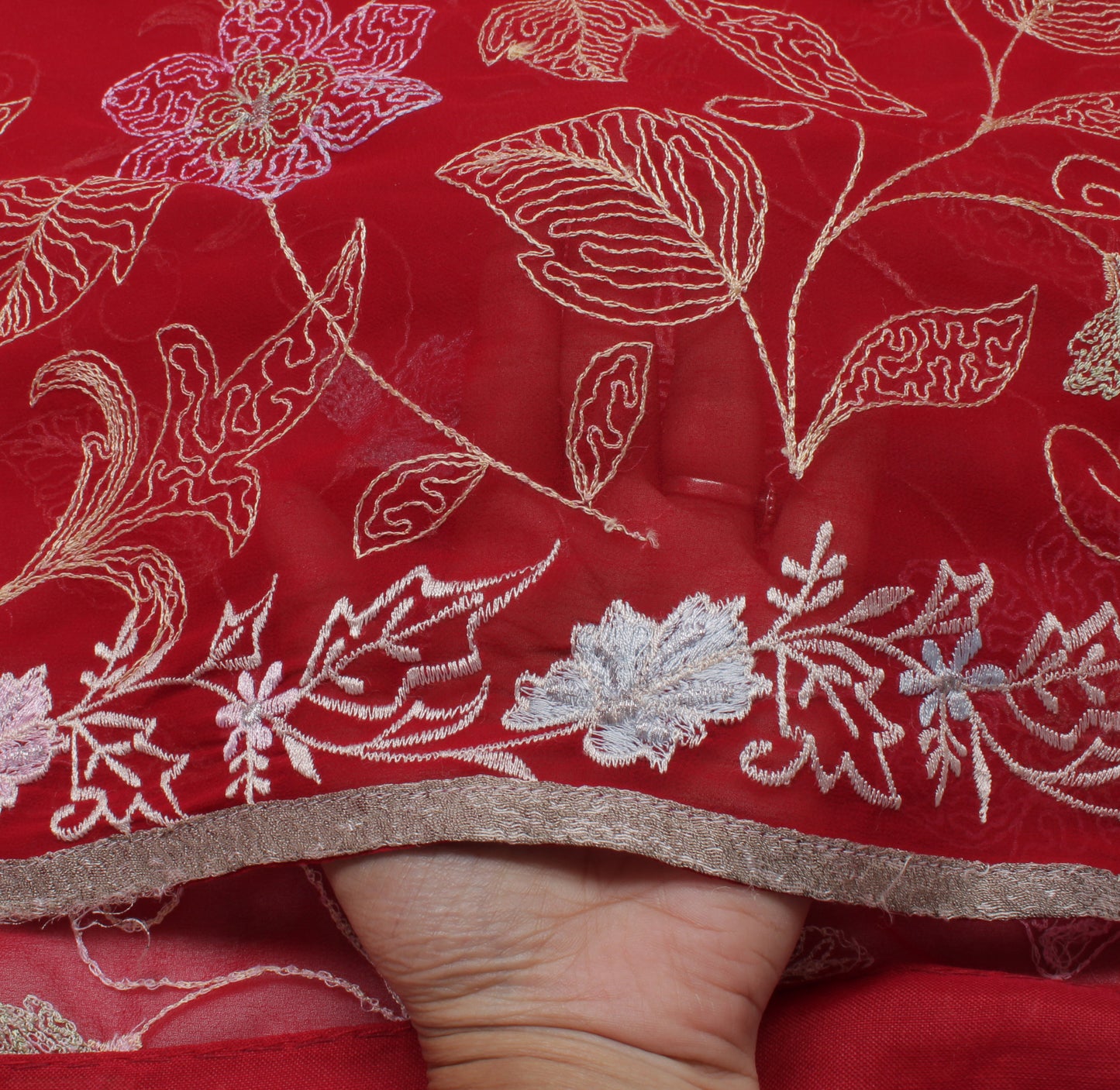 Sushila Vintage Red Saree Blend Georgette Silk Embroidered Floral Sari Fabric