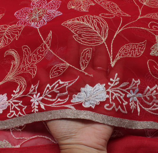 Sushila Vintage Red Saree Blend Georgette Silk Embroidered Floral Sari Fabric
