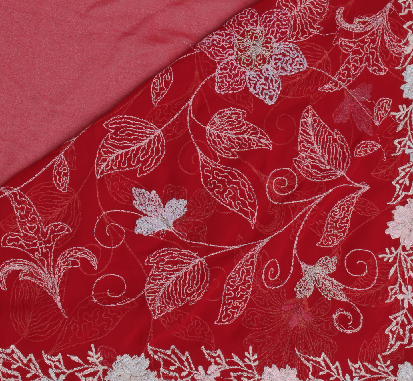 Sushila Vintage Red Saree Blend Georgette Silk Embroidered Floral Sari Fabric