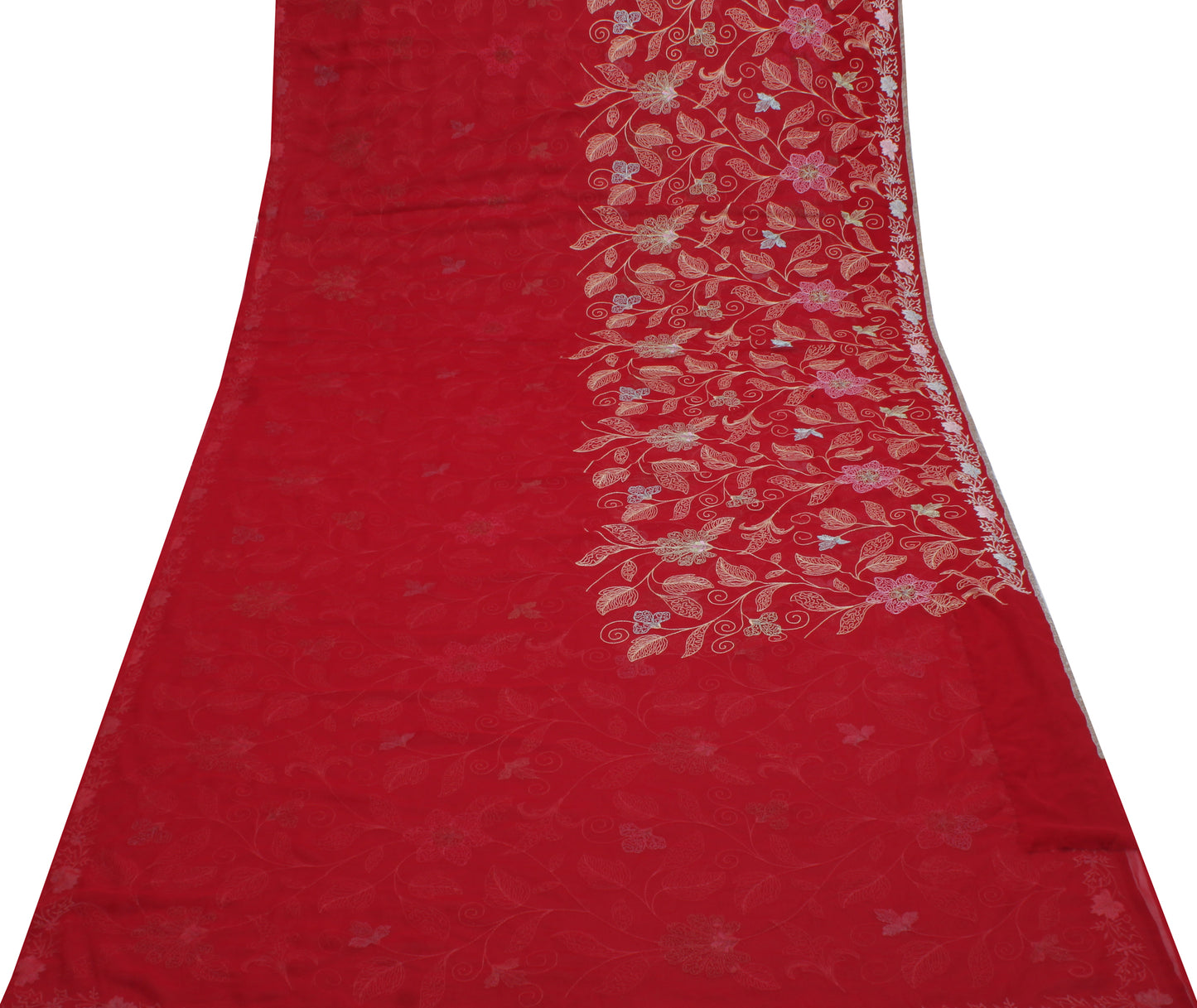 Sushila Vintage Red Saree Blend Georgette Silk Embroidered Floral Sari Fabric