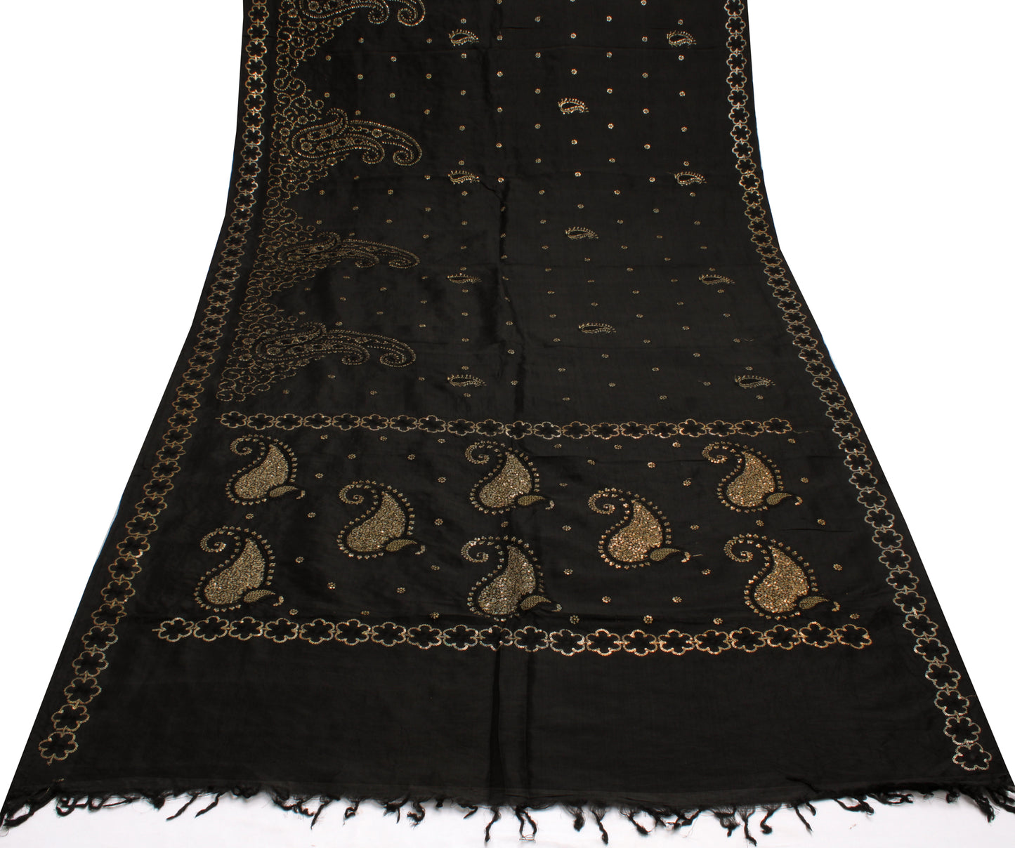 Sushila Vintage Black Saree Pure Silk Hand Embroidered Paisley Sari Craft Fabric