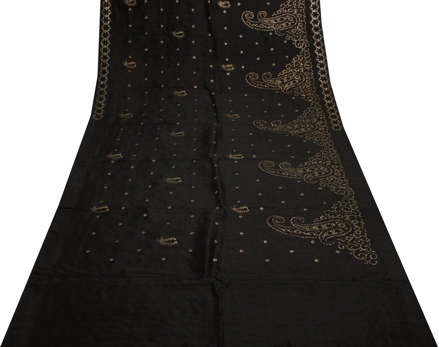 Sushila Vintage Black Saree Pure Silk Hand Embroidered Paisley Sari Craft Fabric