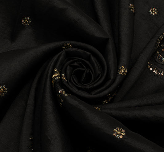 Sushila Vintage Black Saree Pure Silk Hand Embroidered Paisley Sari Craft Fabric