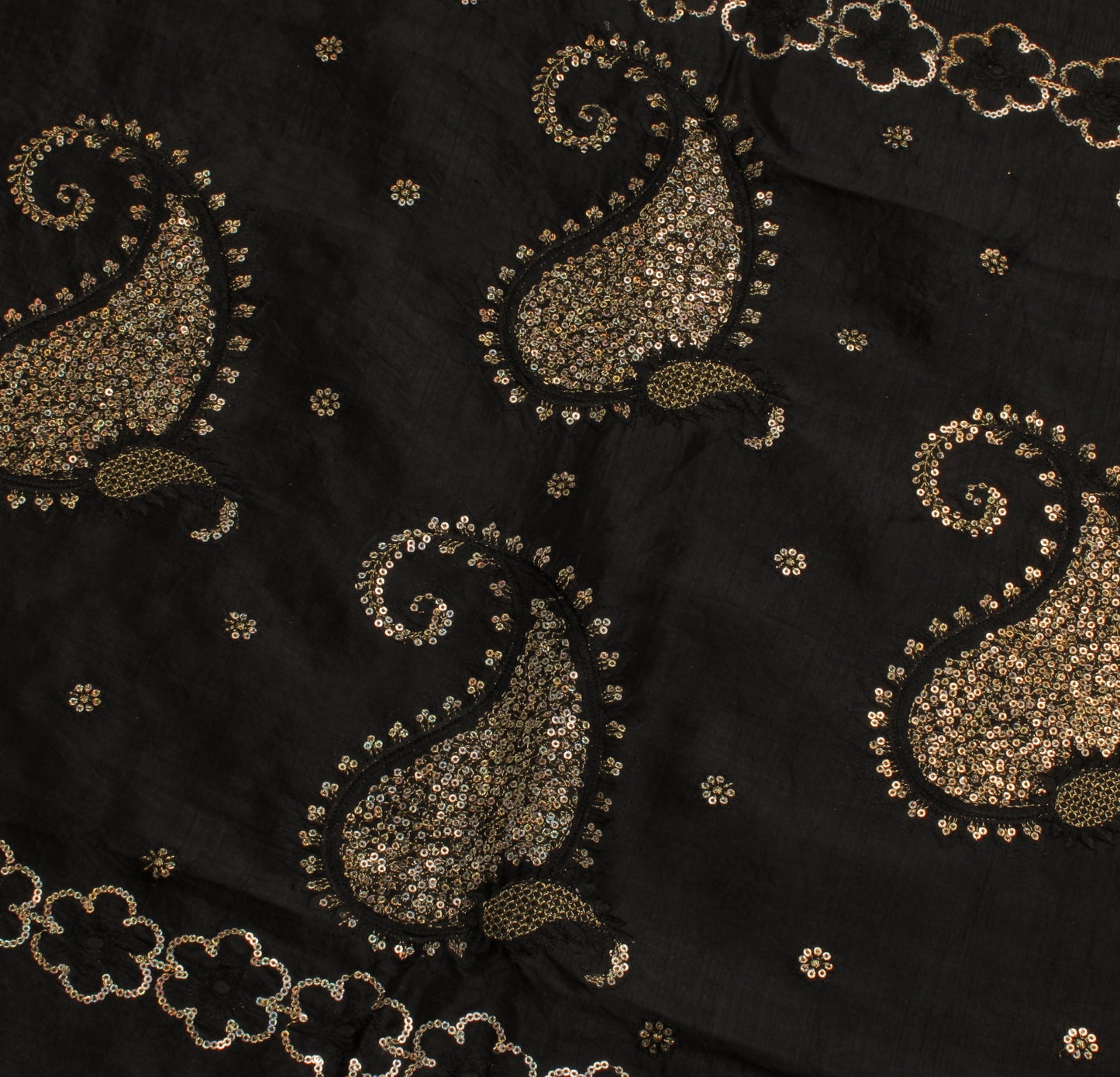 Sushila Vintage Black Saree Pure Silk Hand Embroidered Paisley Sari Craft Fabric