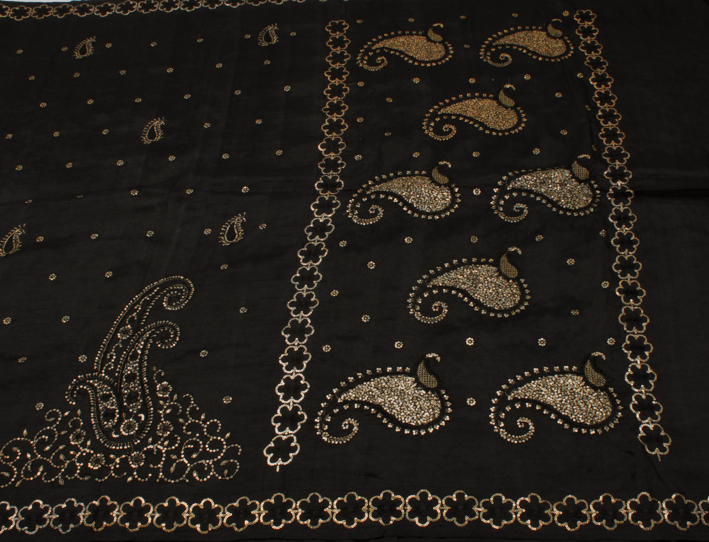 Sushila Vintage Black Saree Pure Silk Hand Embroidered Paisley Sari Craft Fabric