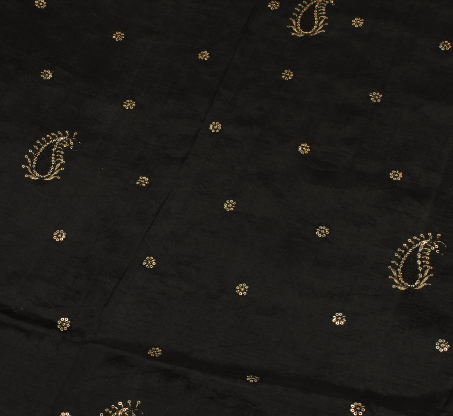 Sushila Vintage Black Saree Pure Silk Hand Embroidered Paisley Sari Craft Fabric