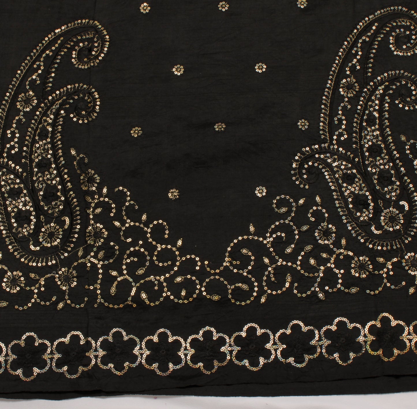 Sushila Vintage Black Saree Pure Silk Hand Embroidered Paisley Sari Craft Fabric