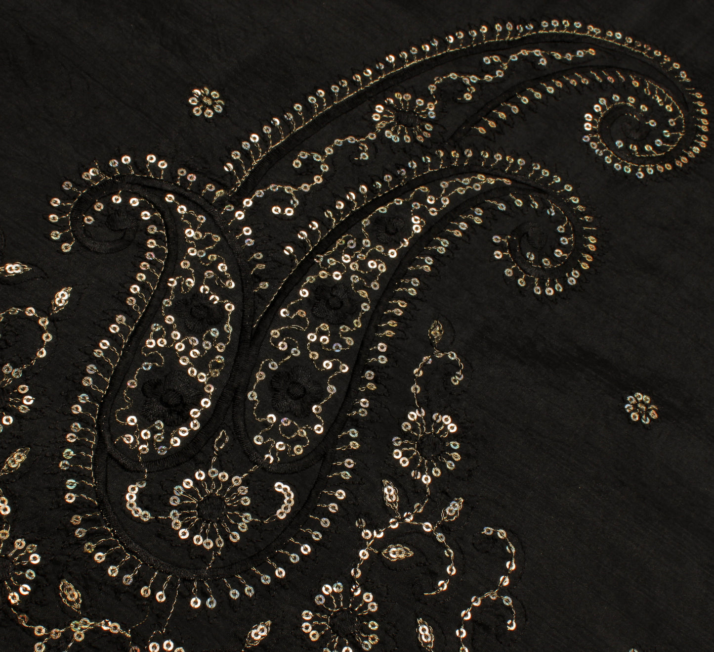Sushila Vintage Black Saree Pure Silk Hand Embroidered Paisley Sari Craft Fabric