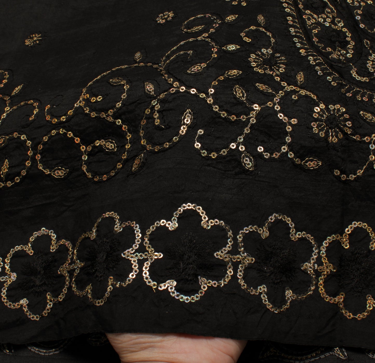 Sushila Vintage Black Saree Pure Silk Hand Embroidered Paisley Sari Craft Fabric