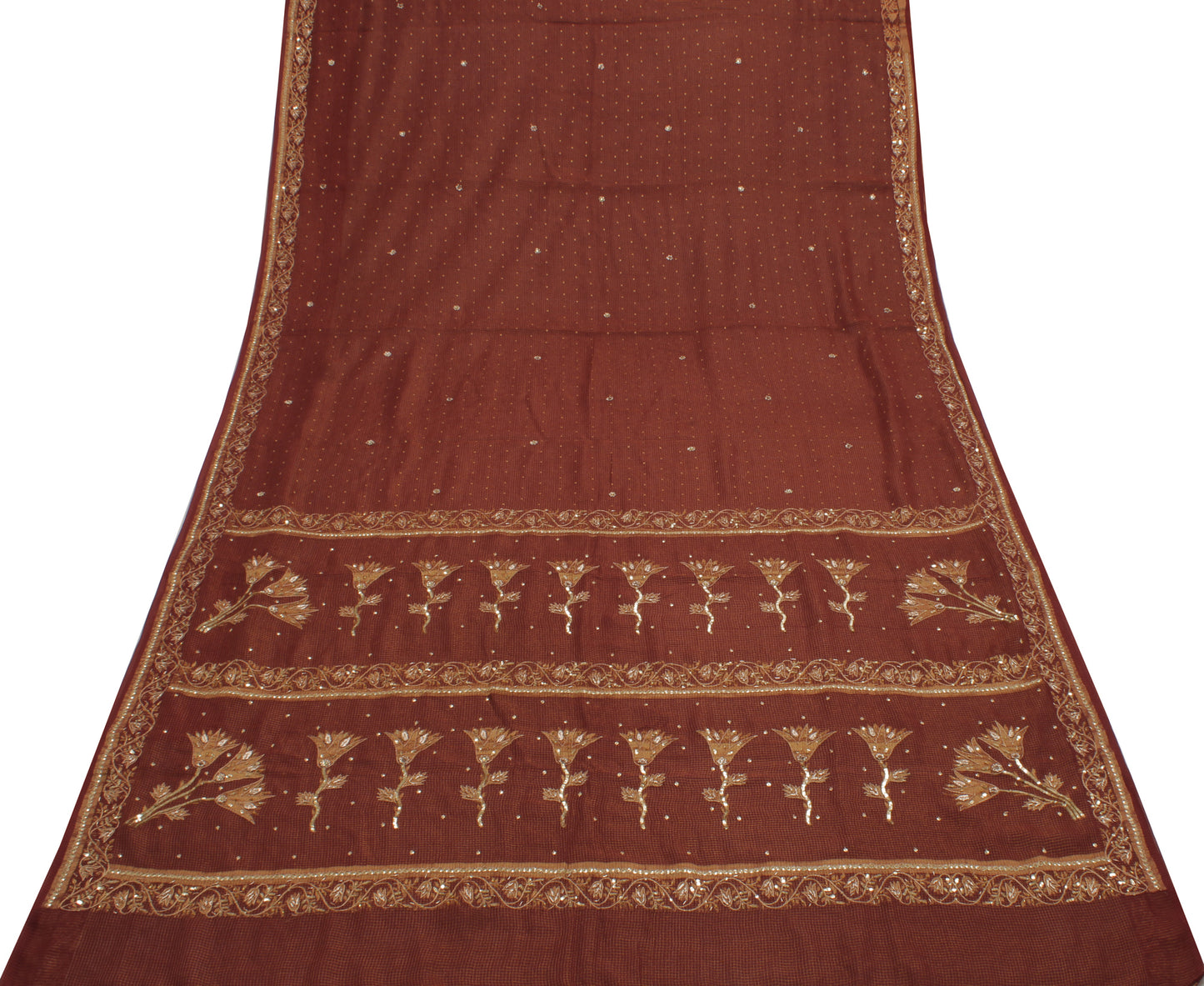 Sushila Vintage Maroon Saree Pure Georgette Silk Hand Beaded & Woven Sari Fabric