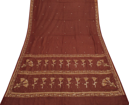 Sushila Vintage Maroon Saree Pure Georgette Silk Hand Beaded & Woven Sari Fabric