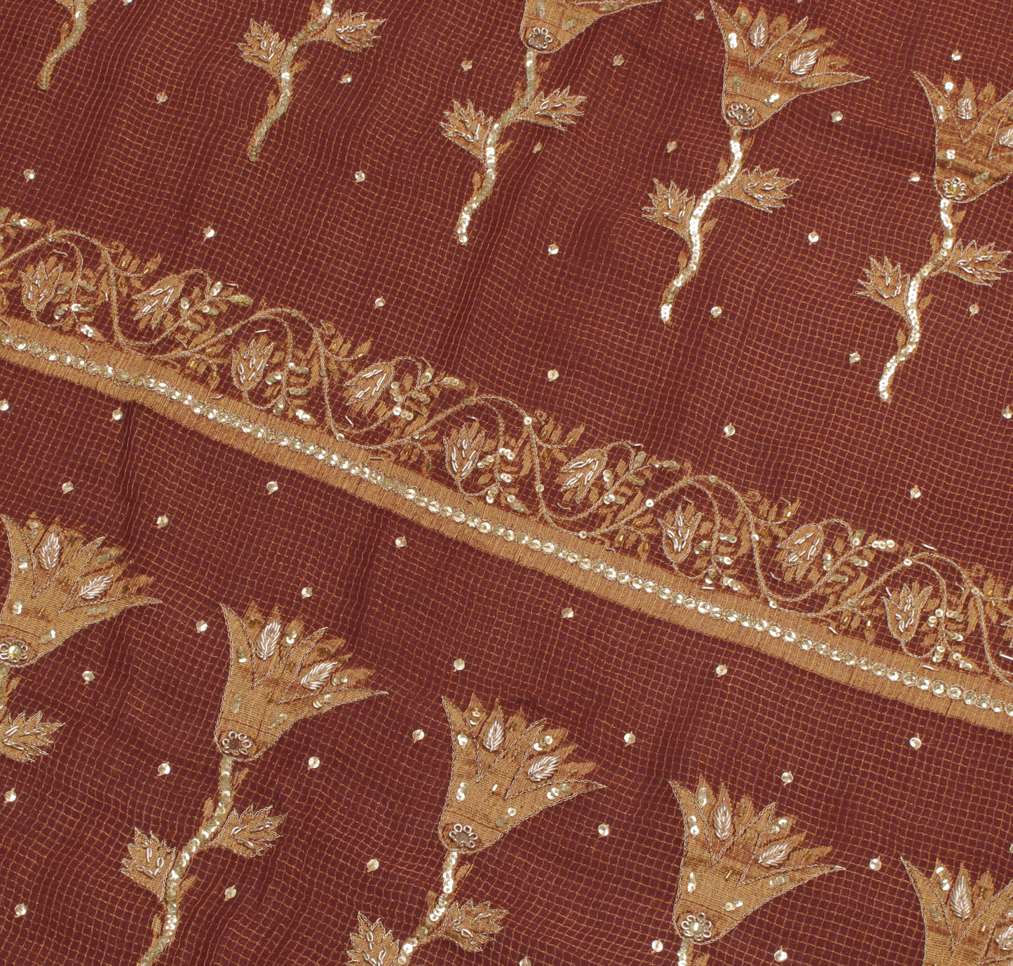 Sushila Vintage Maroon Saree Pure Georgette Silk Hand Beaded & Woven Sari Fabric