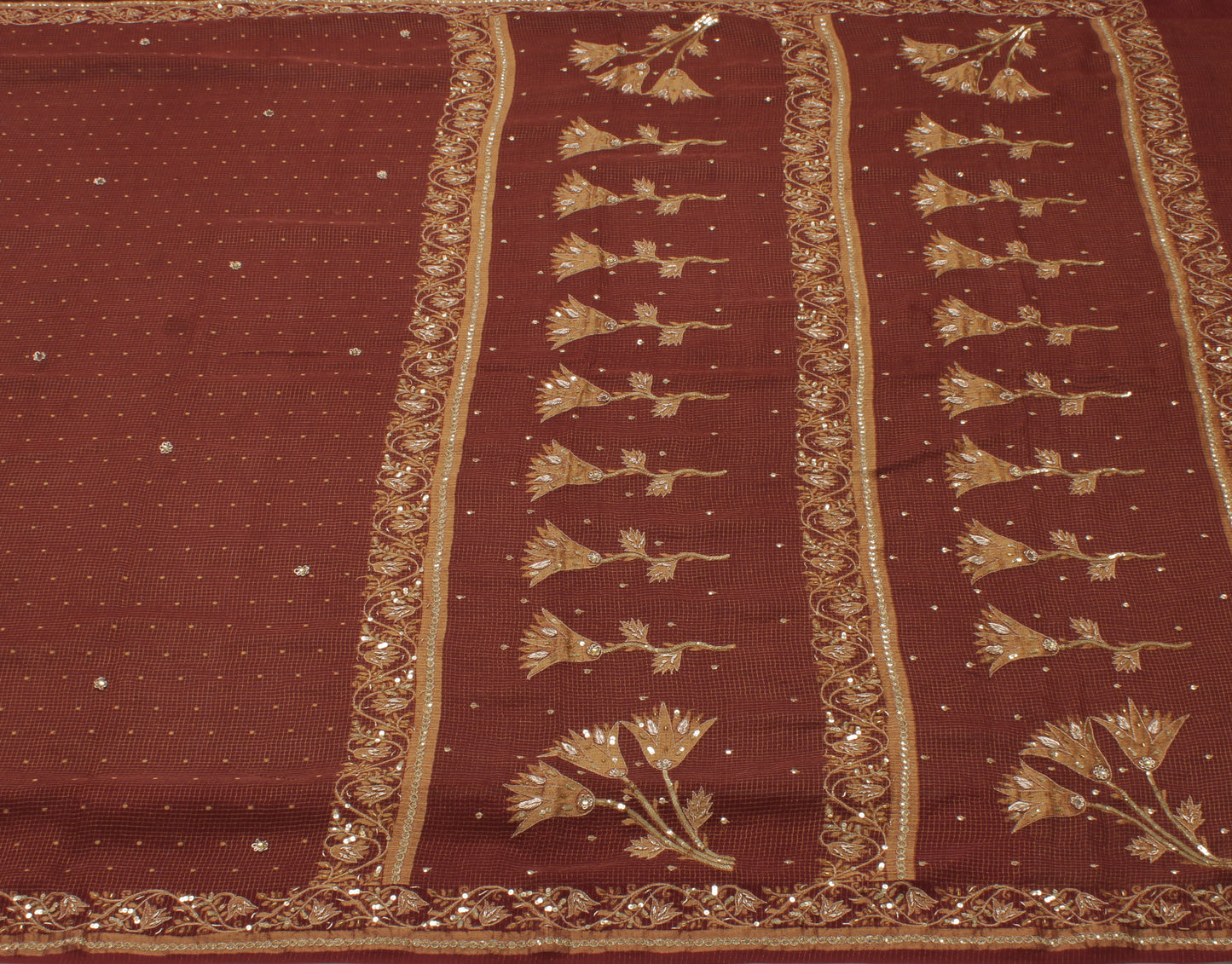 Sushila Vintage Maroon Saree Pure Georgette Silk Hand Beaded & Woven Sari Fabric