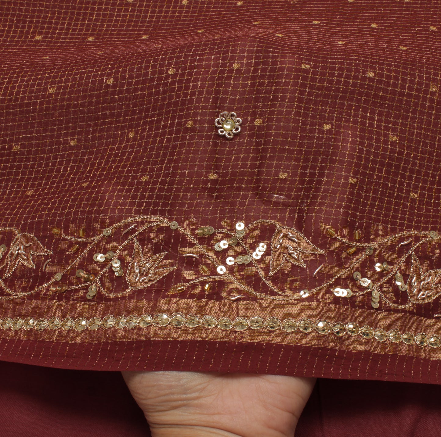 Sushila Vintage Maroon Saree Pure Georgette Silk Hand Beaded & Woven Sari Fabric