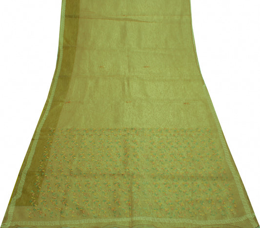 Sushila Vintage Green Saree Blend Silk Hand Embroidered Floral Sari Craft Fabric