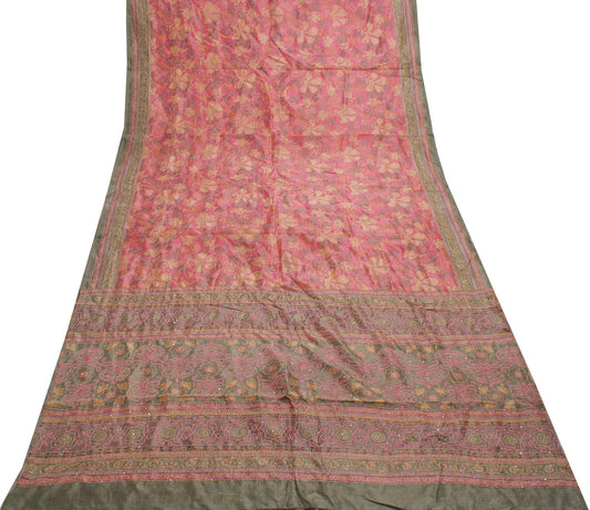 Sushila Vintage Pink Indian Saree 100% Pure Silk Printed Floral Sari Fabric