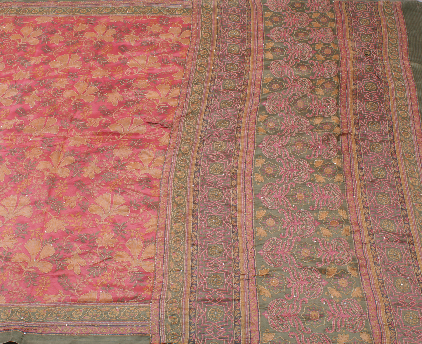 Sushila Vintage Pink Indian Saree 100% Pure Silk Printed Floral Sari Fabric