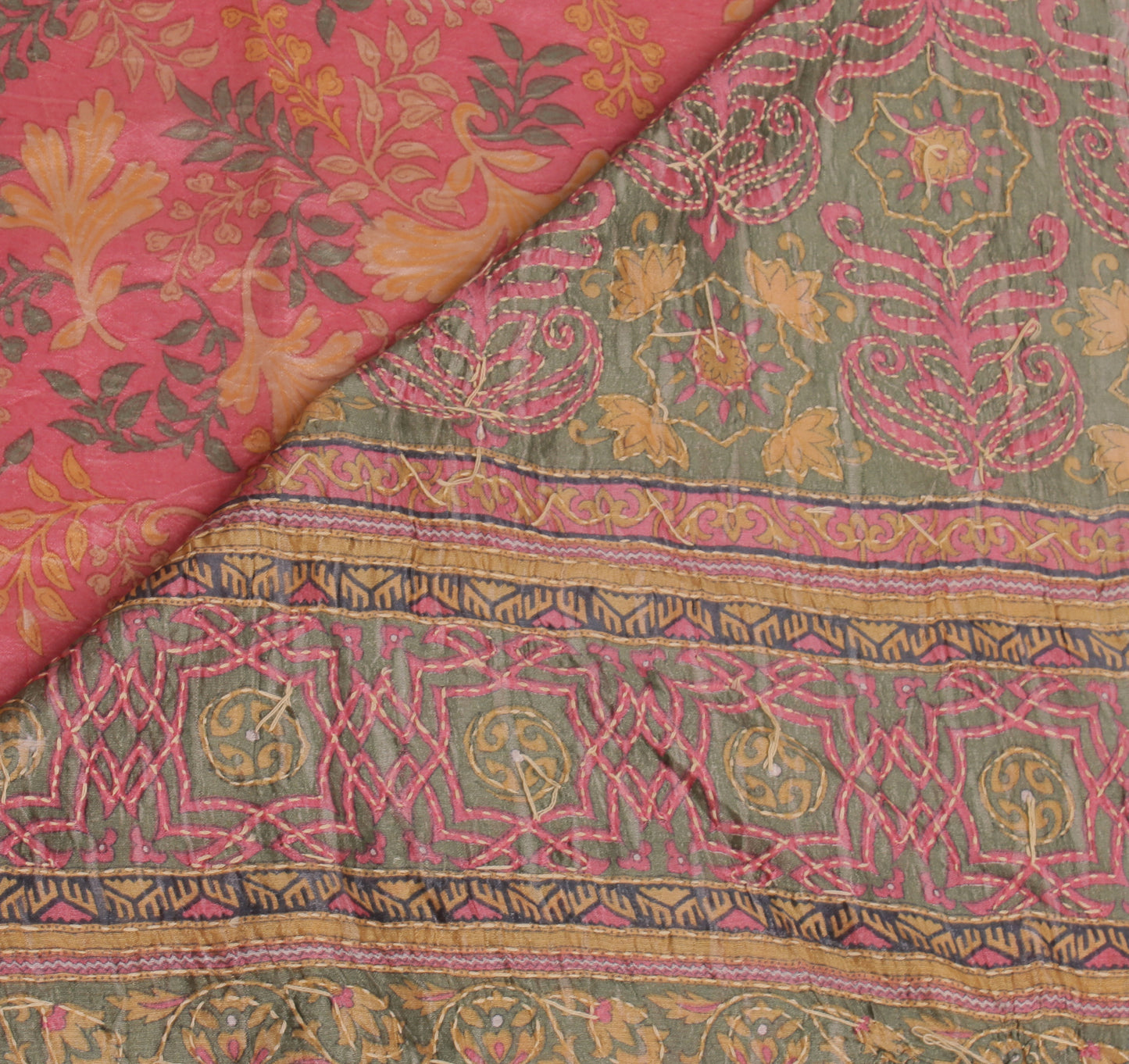 Sushila Vintage Pink Indian Saree 100% Pure Silk Printed Floral Sari Fabric