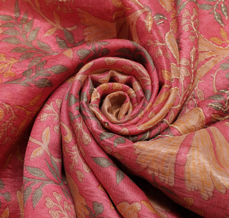 Sushila Vintage Pink Indian Saree 100% Pure Silk Printed Floral Sari Fabric