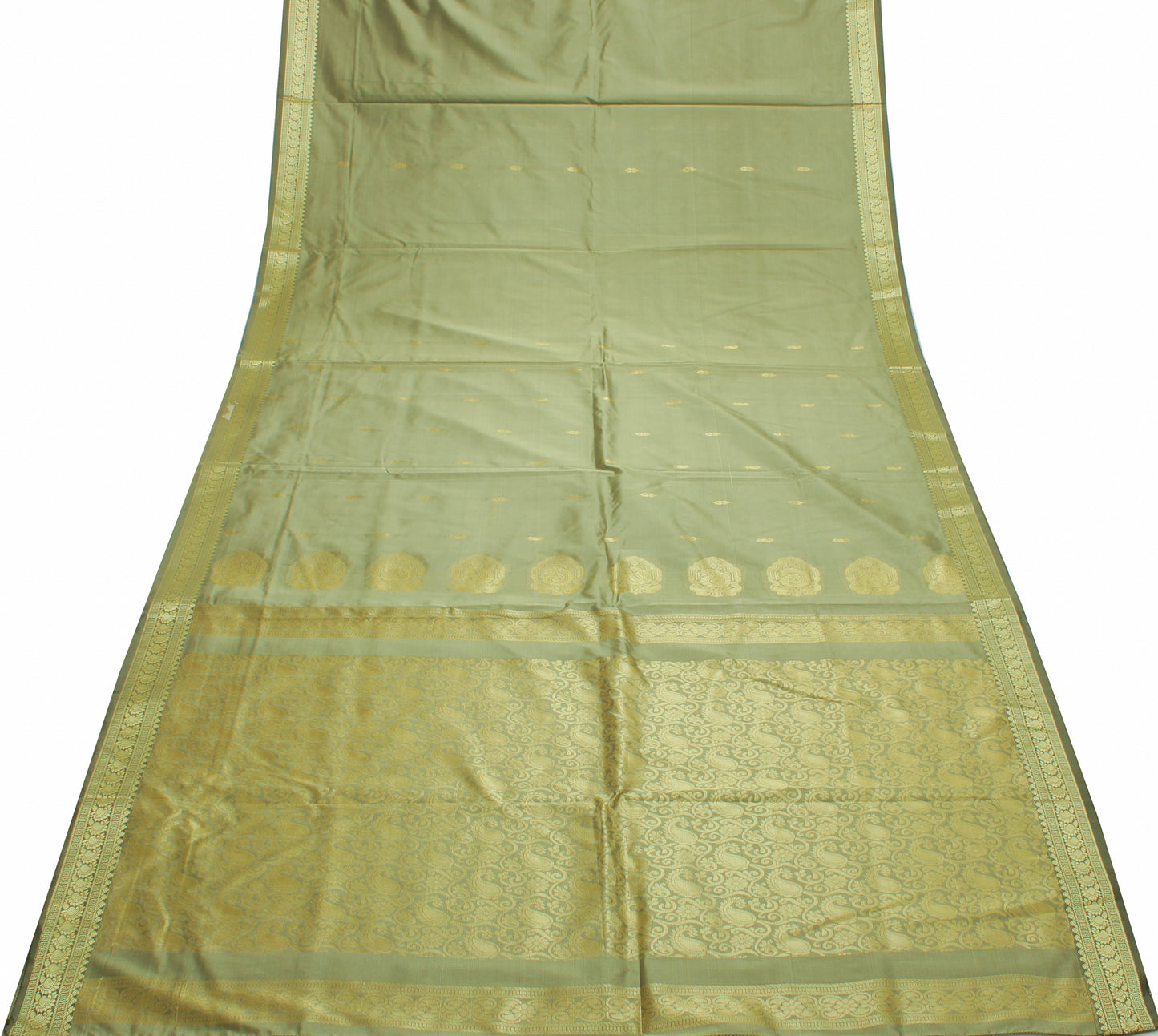 Sushila Vintage Green Indian Saree Blend Silk Woven Paisley Sari Craft Fabric