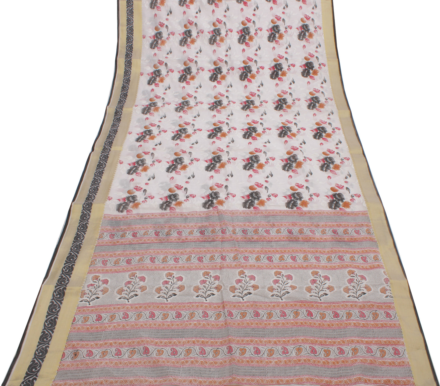 Sushila Vintage White Saree Blend Cotton Printed Floral Sari Craft 5 Yard Fabric