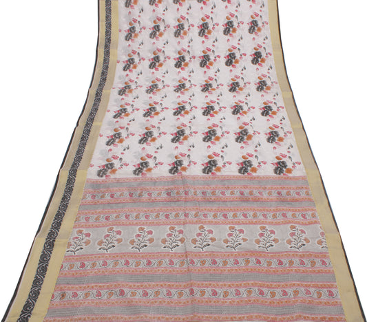 Sushila Vintage White Saree Blend Cotton Printed Floral Sari Craft 5 Yard Fabric