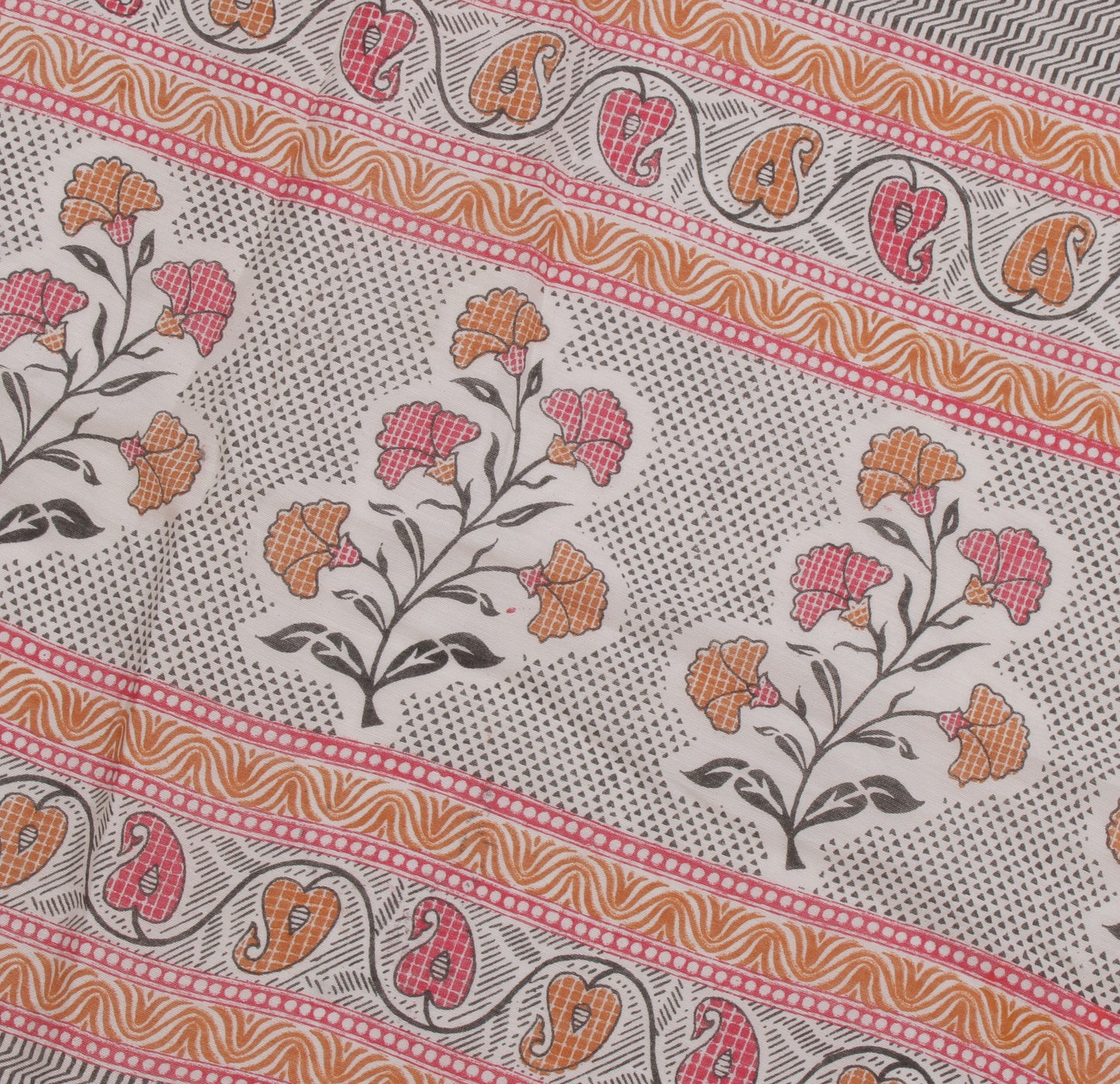 Sushila Vintage White Saree Blend Cotton Printed Floral Sari Craft 5 Yard Fabric