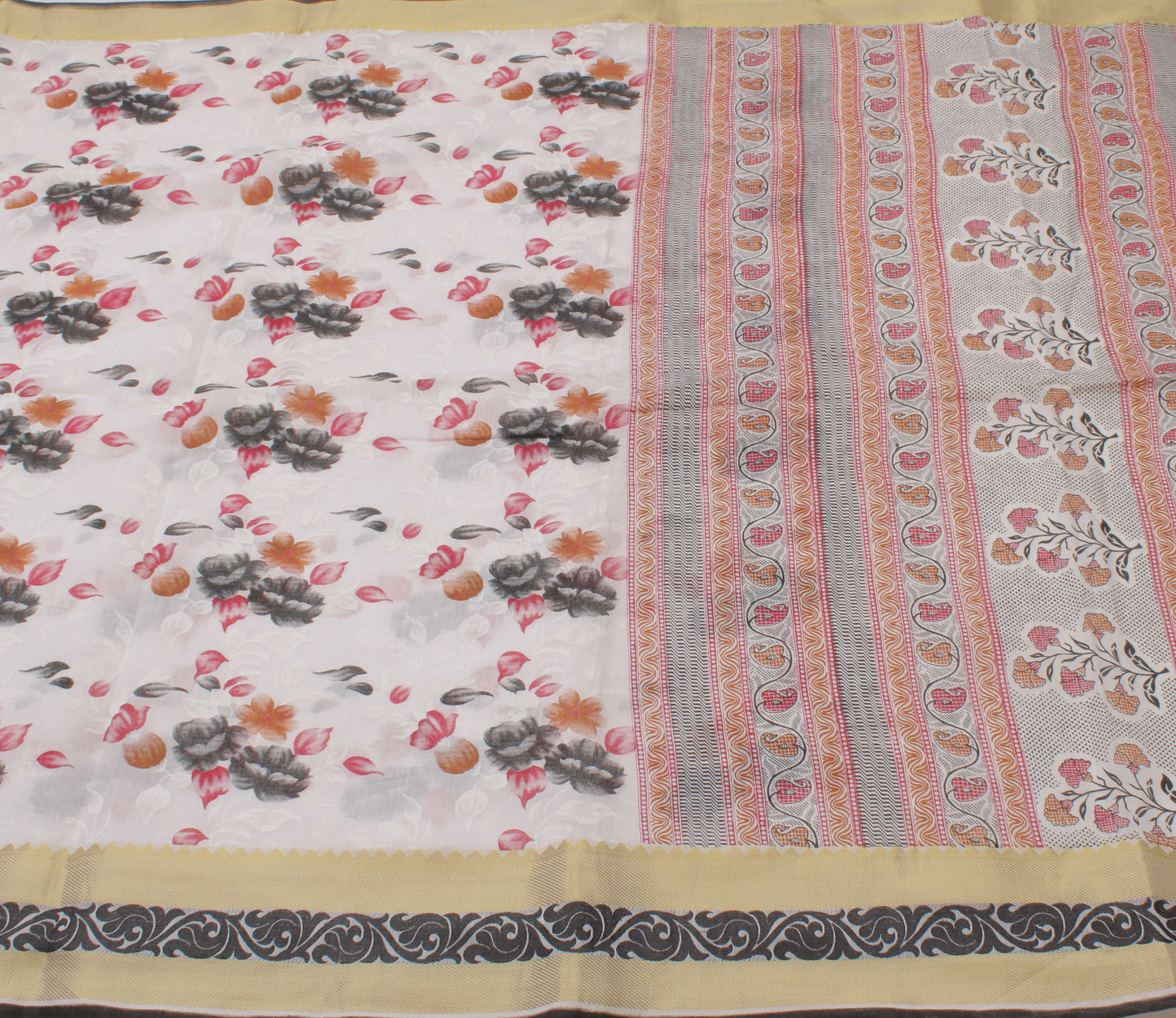 Sushila Vintage White Saree Blend Cotton Printed Floral Sari Craft 5 Yard Fabric