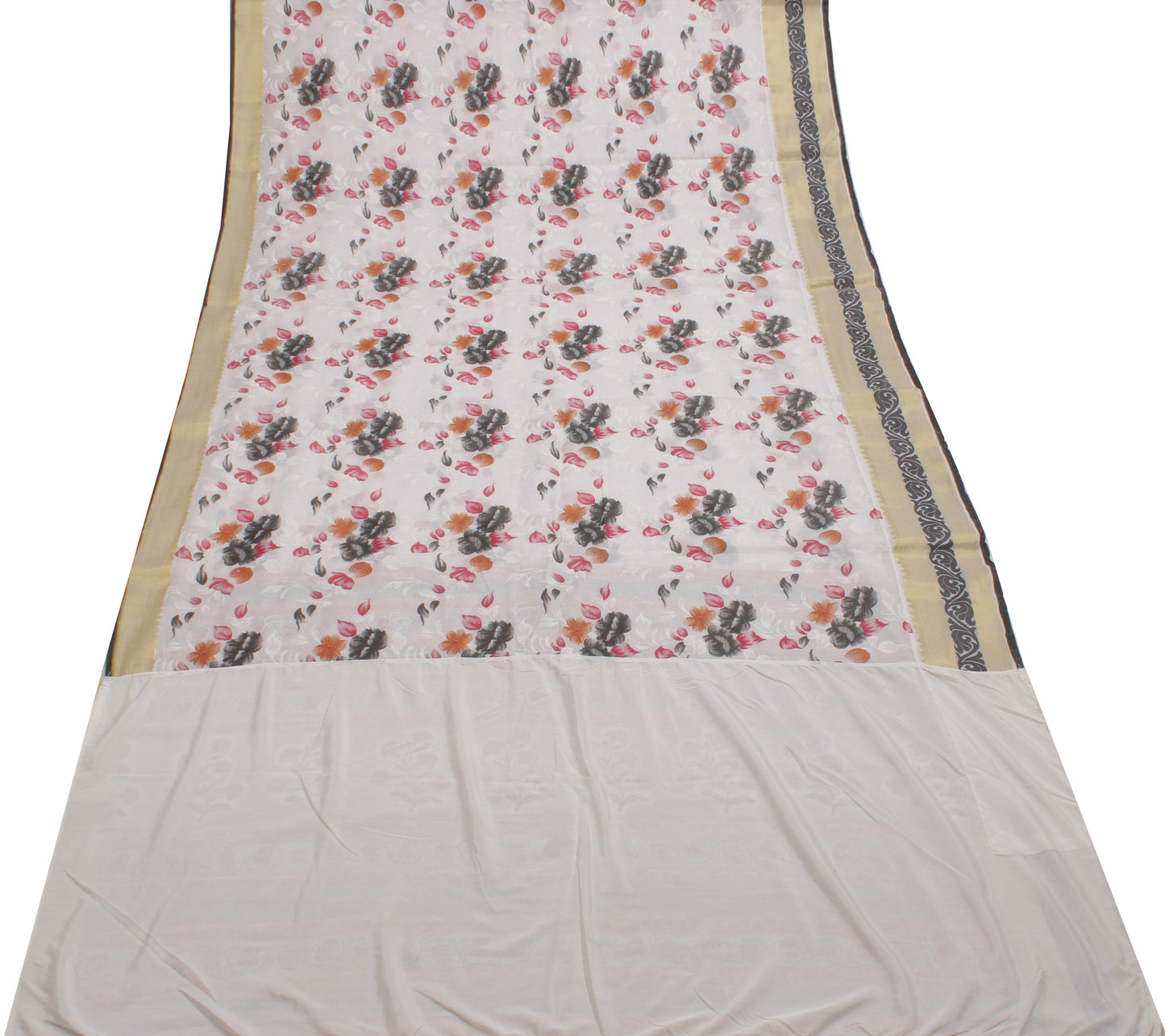 Sushila Vintage White Saree Blend Cotton Printed Floral Sari Craft 5 Yard Fabric