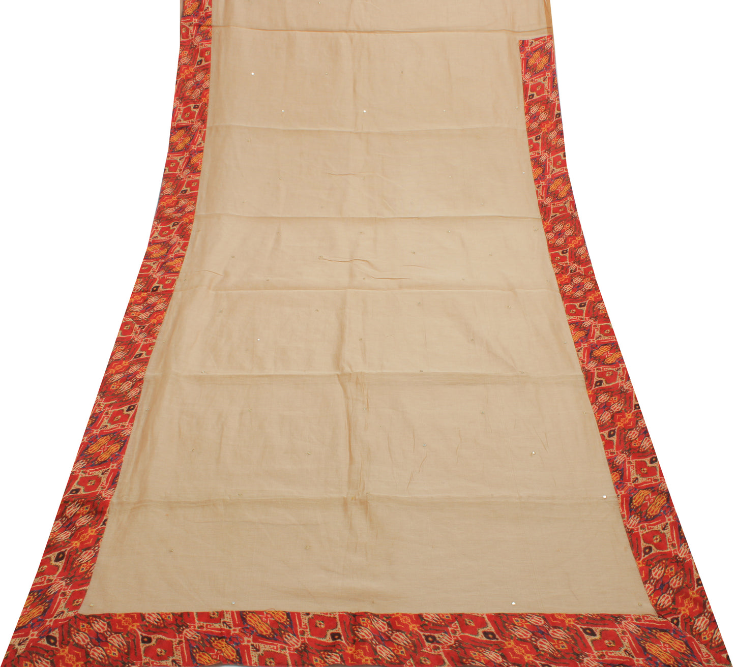 Sushila Vintage Beige Saree with Contrast Red Border Art Cotton Sari Craft Fabric