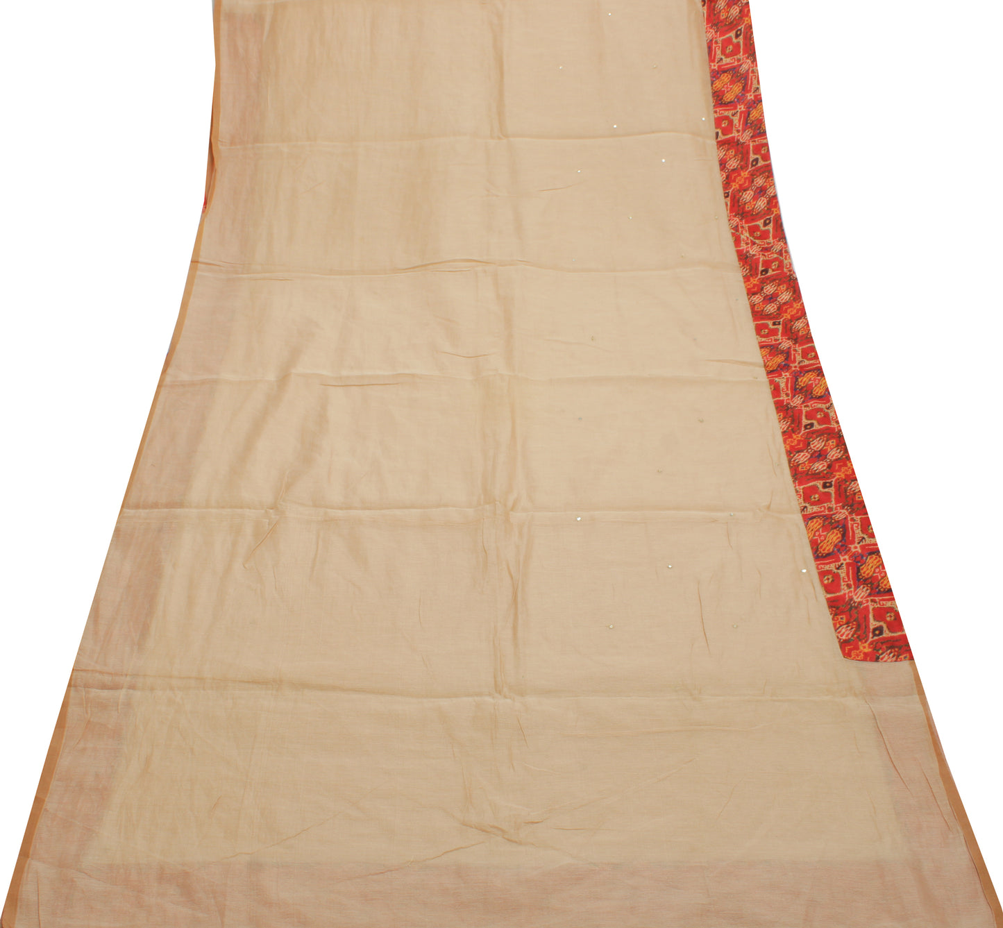 Sushila Vintage Beige Saree with Contrast Red Border Art Cotton Sari Craft Fabric