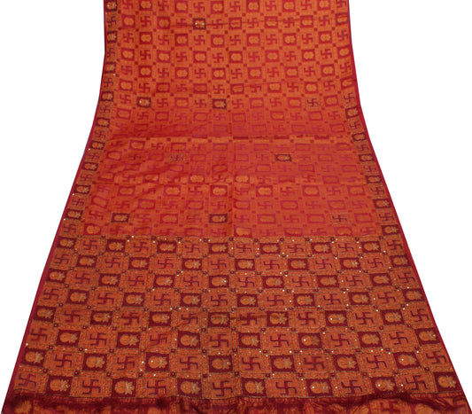 Sushila Vintage Red Indian Saree Blend Silk Woven Sari Craft Decor 5 Yard Fabric