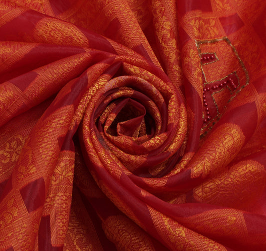 Sushila Vintage Red Indian Saree Blend Silk Woven Sari Craft Decor 5 Yard Fabric