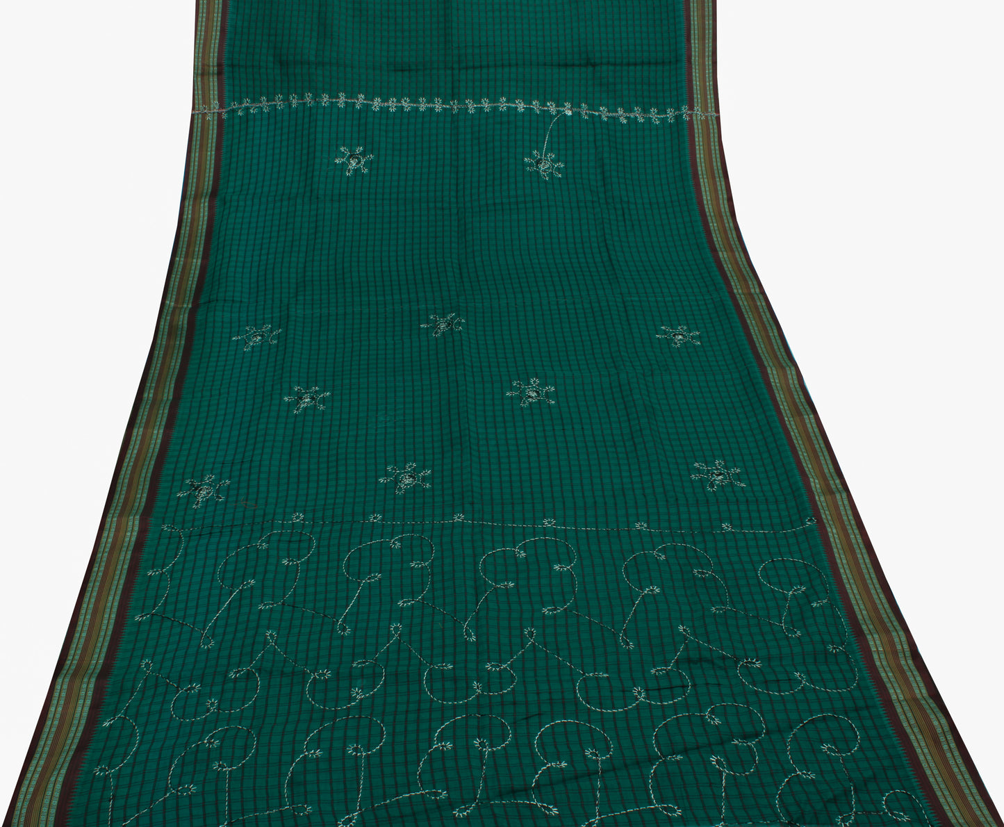 Sushila Vintage Teal Green Saree Blend Cotton Woven Check Sari Craft Fabric