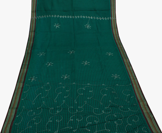 Sushila Vintage Teal Green Saree Blend Cotton Woven Check Sari Craft Fabric